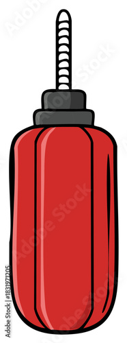 Red pump dispenser bottle with ribbed nozzle and dispensing tip illustration