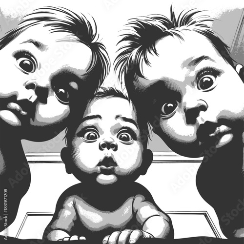 three wide-eyed babies peering downward with surprised expressions, perfect for humor or parenting themes sketch engraving generative ai vector illustration. Scratch board imitation. Black and white.