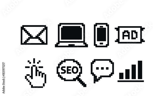Pixel art technology icons: email, laptop, smartphone, advertising, seo, and analytics