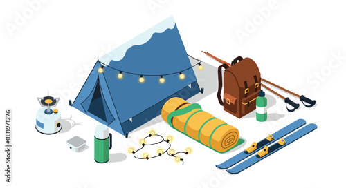 Isometric camping gear: tent, backpack, skis, and winter equipment for outdoor adventures