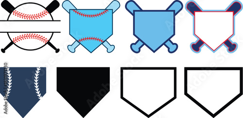 outline silhouette home plate baseball icon set isolated on white background.Vector art of a collection of baseball home base icons with crossed bats isolated on white background