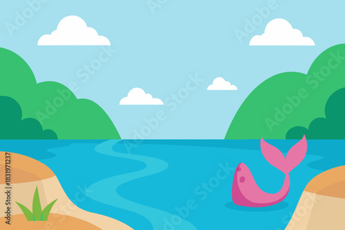 Mermaid friendly cove cartoon background simple vector illustration