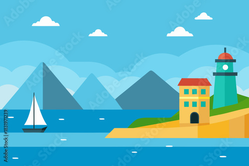 Simple harbor coast cartoon background simple vector illustration