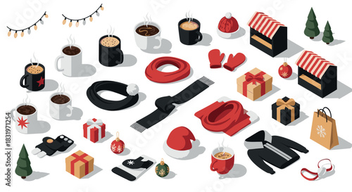Festive winter items in isometric view featuring gifts, warm clothes, and hot beverages