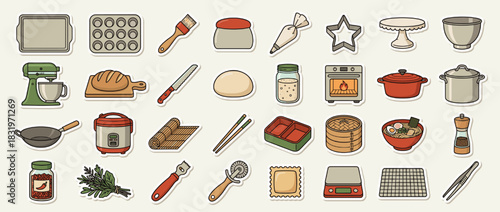 Baking and cooking icon set. containing mixer, loaf, whisk, oven, chopsticks, rolling pin, dumplings, herbs and more. Vector collection