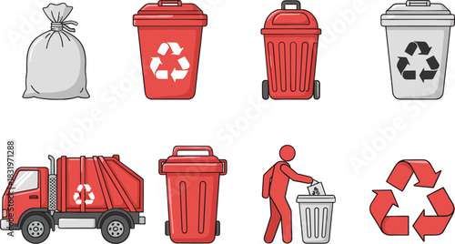 Recycling and Waste Management Icon Set with Trash Bins Garbage Truck and Eco Symbols Flat Vector Illustration