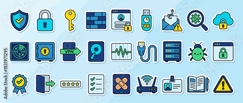 Cybersecurity and protection icon set. featuring shield, lock, key, firewall, encryption, vpn, bug, cloud, server, and more. Vector collection