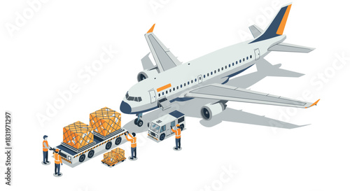 Cargo loading scene with airplane and workers in isometric design