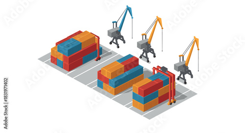 Isometric shipping containers and cranes at a cargo port