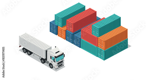 Isometric cargo transport with shipping containers and truck on white background