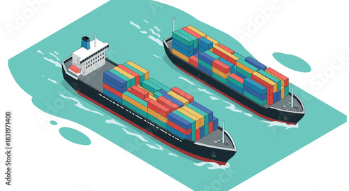 Isometric cargo ships on ocean surface with colorful containers