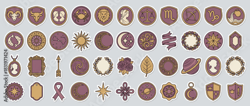 Zodiac and astrology icon set. including aries, taurus, gemini, cancer, leo, virgo, libra, scorpio, sagittarius, capricorn, aquarius, pisces,. Vector collection