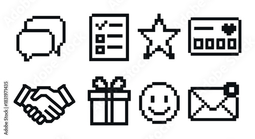 Pixel icons: speech bubbles, checklist, star, card, handshake, gift, smiley, envelope