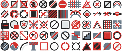 Prohibition and restriction icon set. containing ban, no entry, block, do not, forbidden, stop, warning, caution, alert, error, halt, prevent, deny, cross, and more. Vector collection