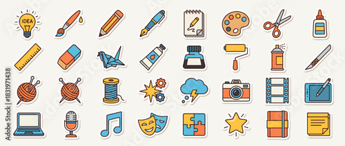 Creative tools icon set. containing pencil, brush, ink, palette, scissors, glue, camera, film, yarn, laptop, microphone and more. Vector collection