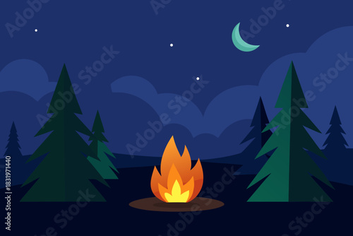 Forest campfire scene at night simple vector illustration