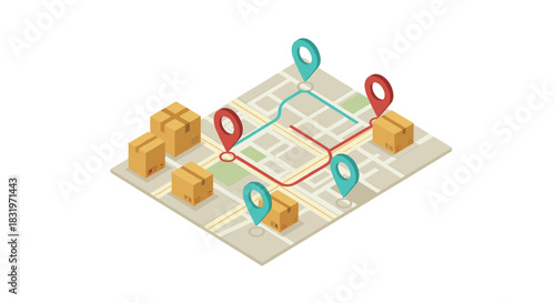 Isometric map with delivery route and boxes for logistics concept