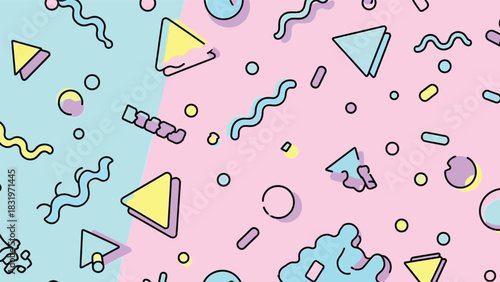 Vibrant seamless pattern of geometric shapes in pastel colors, including triangles, circles, and squiggles, on a split pink and blue background.