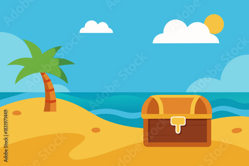 Pirate beach with a treasure chest simple vector illustration