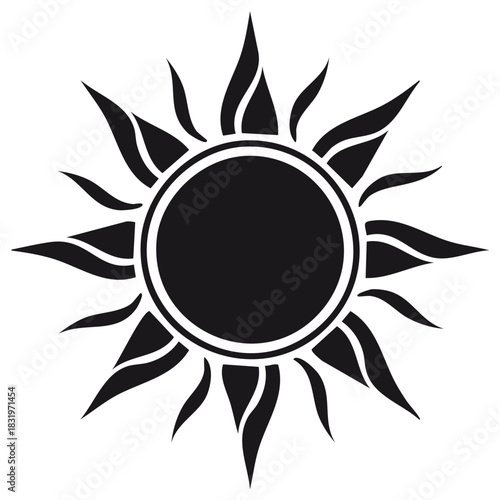 Stylized black sunburst design with fiery rays and a bright central circle
