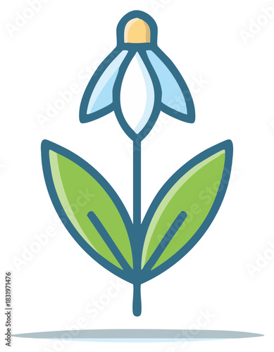 Stylized Snowdrop Flower Illustration with Green Leaves and Blue Outlines