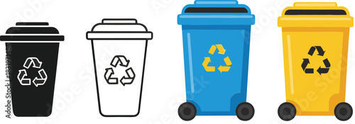 Recycling Bin Icon Set with Colored Trash Containers for Waste Sorting Eco Concept Flat Vector Illustration