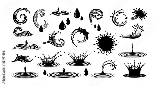 A dynamic collection of monochromatic liquid silhouettes featuring stylized droplets, swirling waves, circular ripples, and explosive splashes scattered across a clean white background