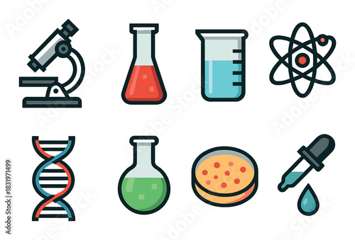 Colorful science icons: microscope, dna, atom, beaker, petri dish, flask, pipette
