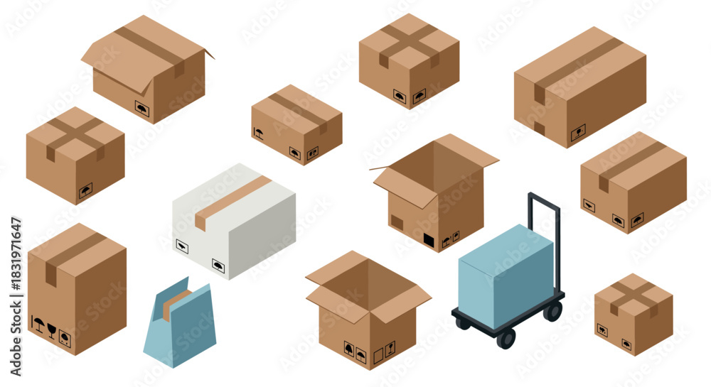 Fototapeta premium Isometric cardboard and shipping boxes with hand truck in flat design