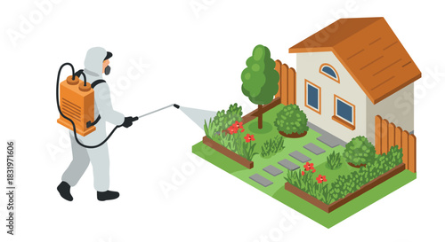 Pest control worker spraying garden near house in isometric design