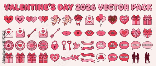 Valentine's day icon set. containing heart, cupid, rose, gift, envelope, kiss, lock, banner, and more. Vector collection