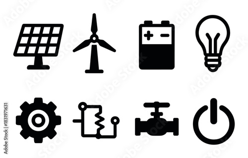 Black energy icons set: solar panel, wind turbine, battery, and light bulb