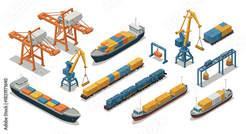 Isometric shipping port with cargo ships, cranes, and trains in high-detail 3d design
