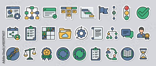Business and management icons set. containing chart, flowchart, checklist, timeline, flag, traffic light, calendar. Vector collection