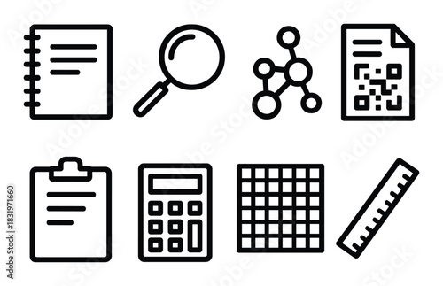 Set of eight minimalistic office icons on brown background