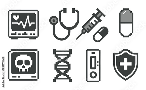 Pixel art medical icons: heart monitor, stethoscope, syringe, pill, skull, dna, shield