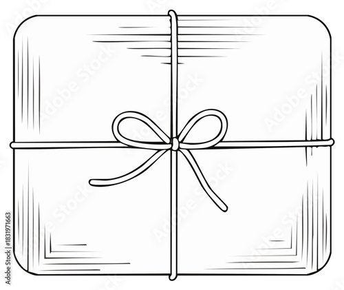 Simple gift package tied with a decorative bow and string monochrome line art drawing