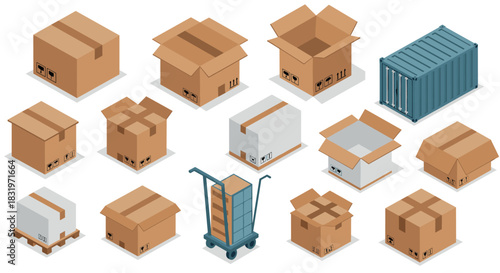 Box and carton set with shipping containers and trolley in isometric style