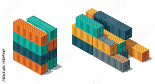 Isometric shipping containers: colorful logistic solutions in orange, green, and blue