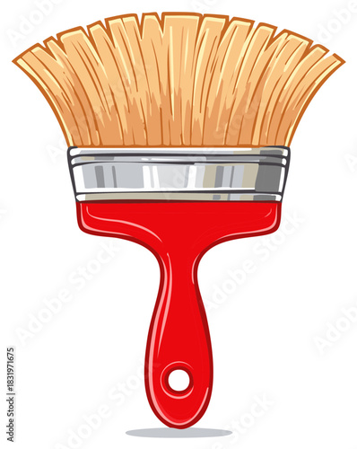 Bright red handle paint brush with tan bristles and metal ferrule tool for home improvement and art projects