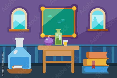 Magic school classroom cartoon background simple vector illustration