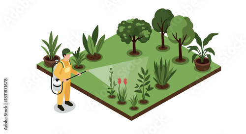 Gardener spraying plants in isometric garden scene