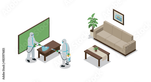 Isometric cleaning team disinfecting living room interior with sofa and plants