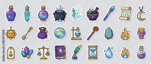 Mystic and magical icons set. containing potion, crystal, cauldron, spell, rune, wand, sun, scales, hourglass, and more. Vector collection