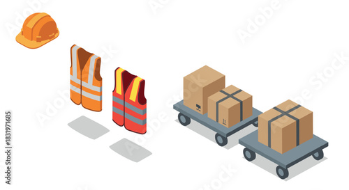 Isometric safety gear and cargo transport with hard hats and high-vis vests