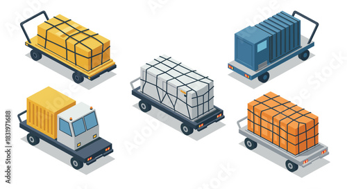 Isometric cargo transport: colorful sets of industrial freight carts on wheels
