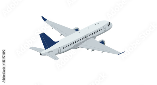 Modern airplane in flight, isometric view of aircraft with blue and white design