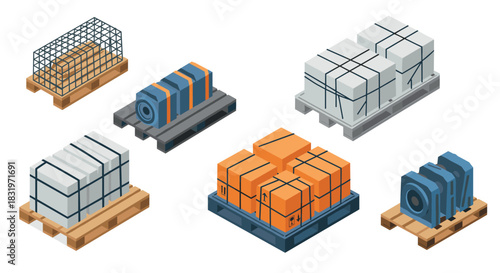 Isometric palletized goods collection: industrial shipment packages and cargo boxes
