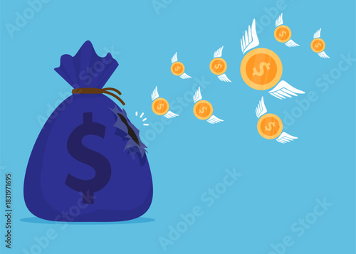 Money bag with holes and coins flying stock illustration