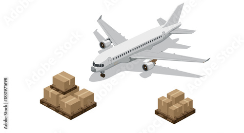 Isometric airplane and cargo boxes on pallets for shipping and logistics